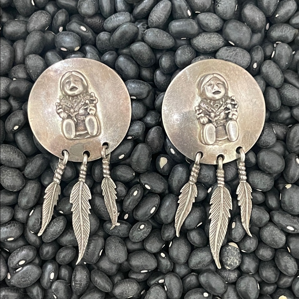 native American Sterling Silver Kachina Feather vintage Dangle Earrings